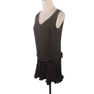 Vtg 70s Dress Brown Drop Waist Pleated Skirt Belted Retro Flapper Go Go